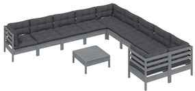 11 pcs conjunto lounge de jardim c/ almofadões pinho cinza