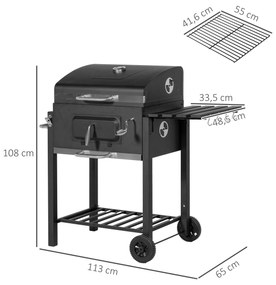 Grelhador a Carvão com Rodas Tampa Grelhas de Aço Inoxidável Termômetro Bandeja Lateral e Prateleira 113x65x108 cm Preto