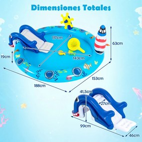 Piscina insuflável infantil 188 x 153 x 63 cm com parque aquático temático marinho, escorrega em forma de tubarão, aspersor de água e jogo de pesca pa