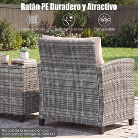 Conjunto de jardim de 3 peças, composto por cadeiras de rattan e mesa com tampo de vidro temperado para pátio, rattan em mistura de cinzento com almof