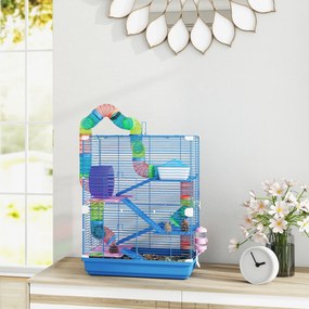 Gaiola para hamster de 4 andares com túneis, comedouro, roda, casinha e escadas – 46 x 30 x 58 cm – azul