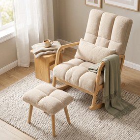 Poltrona de Baloiço com Apoio para os Pés, 82 x 64,5 x 89 cm, Assento Largo, Bege