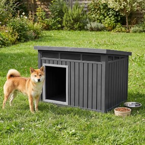 Casota exterior para cães em plástico com porta 81 x 64 x 61 cm, telhado inclinado rebatível e grelhas de ventilação preto