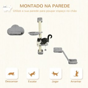 Conjunto de Prateleiras de Escalada para Gatos de 3 Peças com Rede Rampa Arranhador Plataforma em Forma de Nuvem para Saltar Cinzento