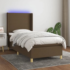 Cama box spring c/ colchão/LED 100x200cm tecido castanho-escuro