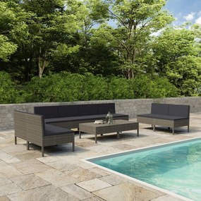 vidaXL 10 pcs conjunto lounge de jardim c/ almofadões vime PE cinzento