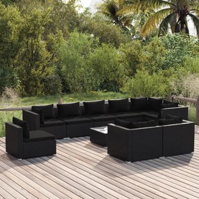 vidaXL 10 pcs conjunto lounge de jardim c/ almofadões vime PE preto