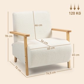 Poltrona de sala, tecido com efeito de lã felpuda, estrutura em madeira maciça, cor creme
