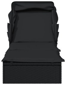 Espreguiçadeira c/ teto dobrável 213x63x97 cm vime PE preto