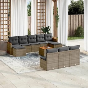 11 pcs conjunto sofás de jardim c/ almofadões vime PE cinzento
