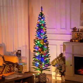 Árvore de Natal artificial iluminada em forma de lápis, 180 cm, 150 luzes multicoloridas, 390 ramos, base em aço verde