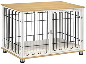 PawHut Gaiola para Cães e Mesa Auxiliar com Porta Fechadura Almofada Lavável e Grades de Aço 90x58x62,5cm Carvalho e Branco