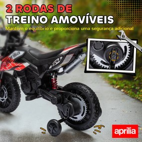 Mota Elétrica Infantil Aprilia 12V Rodas de Apoio Farol Música Porta USB Amortecedor Vermelho