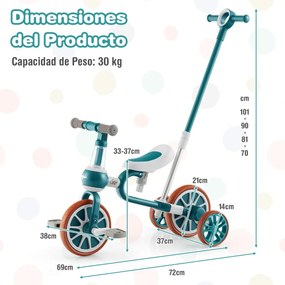 Triciclo para crianças 2-4 anos Bicicleta de equilíbrio 4 em 1 com pedais ajustáveis em altura e rodas amovíveis 37 x 72 x 101 cm Verde