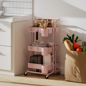 Carrinho de Cozinha Carrinho de Armazenamento com 4 Ganchos 3 Cestas Removíveis 3 Caixas Suspensas 42x38x86,5 cm Rosa
