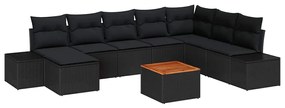 Conjunto de Sofá de Jardim com 9 peças e almofadas, preto, rattan, pol