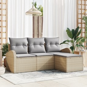 Conjunto de Sofá de Jardim vidaXL 4 Peças com Almofadas Bege Rattan Po