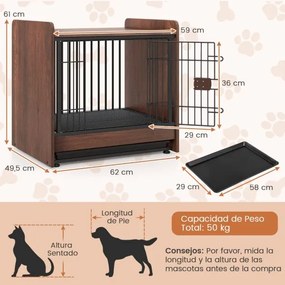 Gaiola de madeira para cães com tabuleiro amovível e porta com fechadura para cães pequenos e médios 62×49,5×61 cm Castanho