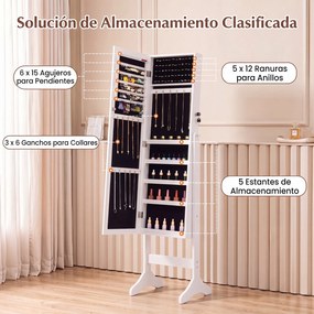 Armário para Joias de Pé com Espelho de Corpo Inteiro, 40 x 36 x 156 cm, Fecho com Chave, Branco