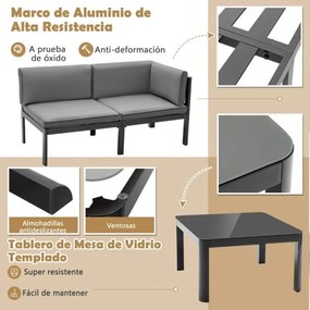 Conjunto de Sofá de jardim em Alumínio com Costas Reclináveis Mesa Reclinável Almofadas de Assento em Vidro Temperado Cinzento