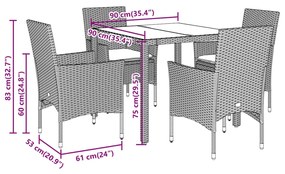 5pcs conjunto jantar jardim c/almofadões vime PE/vidro castanho