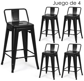 Conjunto de 4 bancos de bar em metal 43 x 43 x 79 cm com encosto removível para cafetaria, cozinha, sala de jantar e exterior  Preto