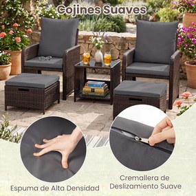 Conjunto de 5 Peças de Mobiliário de Jardim, 2 Cadeiras, Mesa e 2 Apoios para os Pés, 45,5 x 45,5 x 43 cm, Rattan PE Resistente, Cinzento
