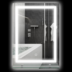 Espelho de parede LED para casa de banho 50 x 70 cm com prateleira integrada, 3 cores, luminosidade ajustável e interruptor tátil prateado