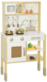 AIYAPLAY Cozinha de Brincar em Madeira com Som Acessórios em Aço Inoxidável Micro-Ondas Forno Lava-Loiças Legumes para Cortar 55x24x96 cm Dourado | Aosom Portugal