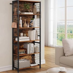 Estante com 5 prateleiras e ganchos em S 30 x 60 x 175,6 cm Castanho vintage + Preto