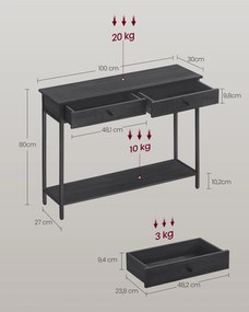 Mesa consola com 2 gavetas 30 x 100 x 80 cm Preto e cinzento antracite