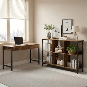 Estante de livros de 2 andares 33 x 120 x 80 cm com 6 compartimentos castanho-preto