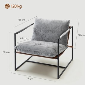Poltrona de sala, poltrona auxiliar estofada em veludo estampado, assento largo e estrutura em aço, 77x91x80 cm, cinzento