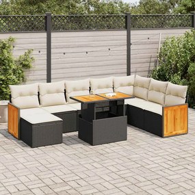 9 pcs conjunto sofás p/ jardim almofadões vime PE/acácia preto