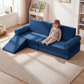 Sofá infantil modular de 10 peças 151 x 99 x 44 cm dobrável, com felpa macia e espuma elástica; capas com fechos de correr, laváveis na máquina, para