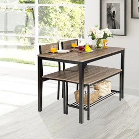 Conjunto de mesa de cozinha com 2 cadeiras e 1 banco Estrutura metálica e estante Cinzento