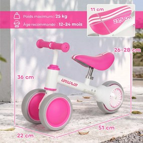 Bicicleta de Equilíbrio para Bebé, 51 x 22 x 36 cm, Assento Ajustável, Rosa