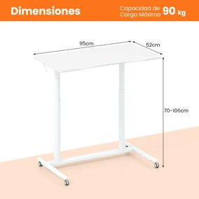 Secretária com altura ajustável em C 95 x 52 x 70-106 cm com rodas bloqueáveis e estrutura metálica para escritório Branca