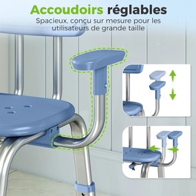 Banco de duche ergonómico com apoios de braços 60-70 (L) x 52 (P) x 62-72 (A) cm, encosto, altura e assento ajustáveis, azul