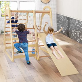 Parque interno para crianças 6 em 1 Conjunto de brinquedos de escalada de madeira com barras de macaco deslizantes Anéis naturais de ginástica