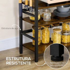Estante de Cozinha com 4 Prateleiras Ganchos e Sistema Anti-Tombo Estante para Micro-Ondas 65x30x102 cm Castanho Rústico e Preto