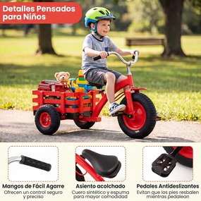 Triciclo Infantil, 117 x 55 x 68 cm, Assento e Guiador Ajustáveis, Vermelho