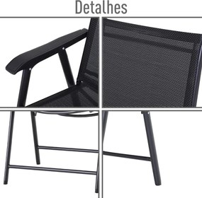Conjunto de 2 cadeiras dobráveis para exterior com apoio de braços Cadeiras para varanda Jardim Terraço 58x64x94 cm Carga 100kg Preto