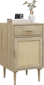 Mesa de cabeceira com armário e prateleira em rattan trançado, 1 gaveta, estilo boémio - 40 x 40 x 68,5 cm, natural