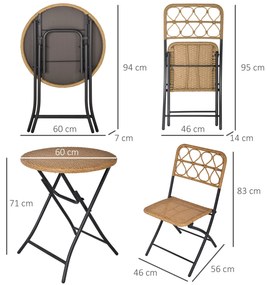 Conjunto de mesa e 2 cadeiras dobráveis ​​de vime para jardim Estrutura de aço Φ60x71 cm e 46x56x83 cm Madeira natural