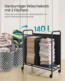 Cesto para roupa suja 140 L com rodas e 2 compartimentos Preto