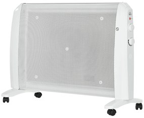 HOMCOM Aquecedor Elétrico 1000W/2000W Aquecedor de Mica com 2 Níveis de Potência Termostato Regulável e 4 Rodas para Ambientes de 15-20 m² Silencioso 79x27x54 cm Branco