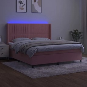 Cama box spring c/ colchão/LED 160x200 cm veludo rosa