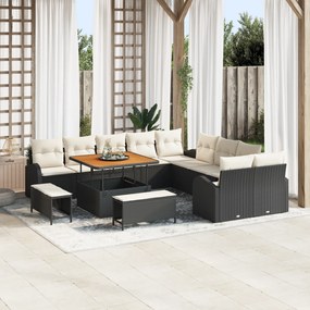 Conjunto de Sofá de Jardim vidaXL com Almofadas Pretas Rattan Polipropileno Acácia