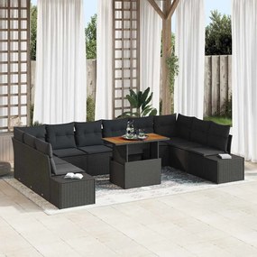 vidaXL Conjunto de Jantar para Jardim com 11 Peças e Almofadas em Rattan Preto e Acácia
